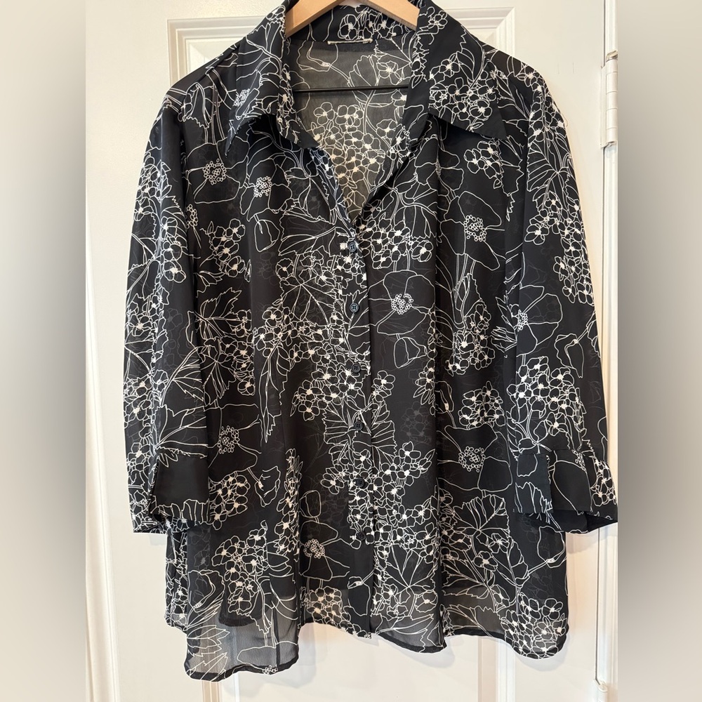 Y2K Vintage Womens Sheer Black White Button Down Lightweight Blouse Top